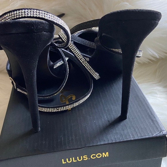 Lulus Lullie Black Suede Rhinestone Ankle Strap Pointed-Toe Pumps Heels Size 11 - Picture 5 of 8